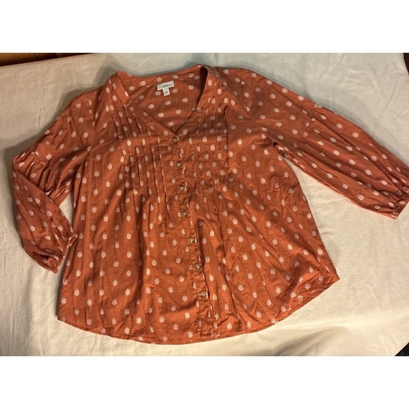 J. Jill Tops - J. Jill Women's Top Tunic Med Orange Peasant Blouse Pintuck‎ Button-up Boho Chic